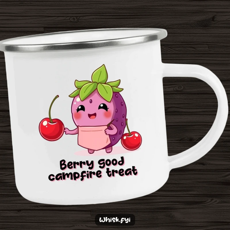 Funny berry camping mug featuring a delighted berry chef wearing an apron and placing a cherry, perfect for outdoor dining.