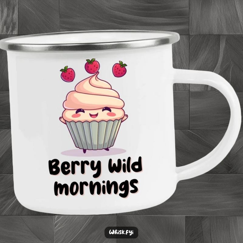 Funny camping mug featuring a cheerful cupcake juggling three berries, designed for outdoor enjoyment with a humorous touch.