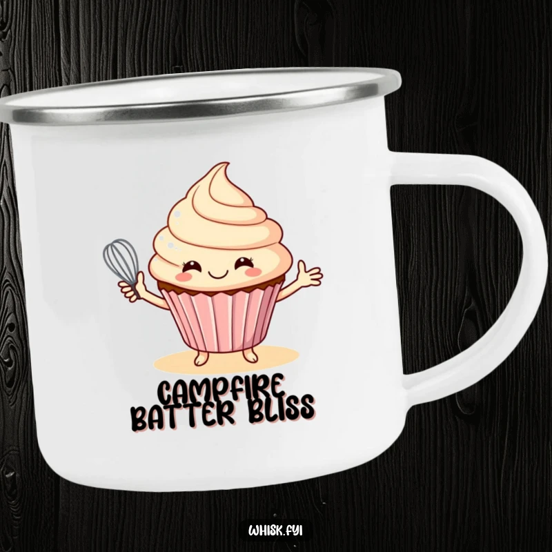 Funny camping mug featuring a smiling cupcake offering a whisk, perfect for bakers who love the outdoors.