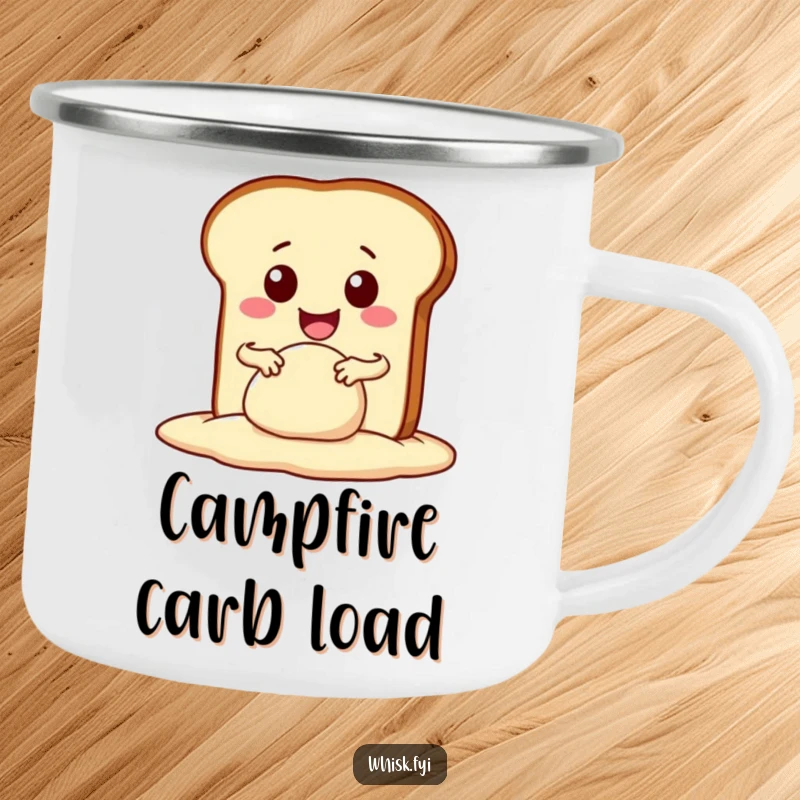 Funny kawaii bread slice enthusiastically kneading dough with a wide smile, on a durable camping mug. Great for bakers on the go.