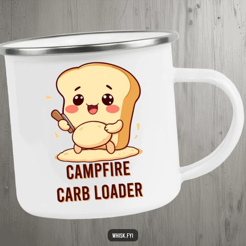Funny Kawaii bread camping mug, showing an excited bread loaf character kneading dough, perfect for outdoor baking fans.