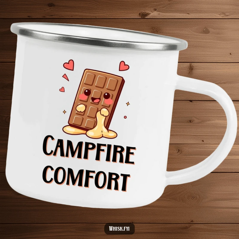 Funny kawaii chocolate bar camping mug, melting slightly with a happy sigh, durable and hilarious outdoor drinkware, perfect funny gift.