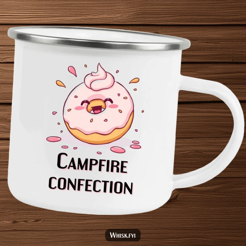 Funny kawaii donut joyfully splattering frosting with playful abandon, on a durable camping mug. Great for sweet treat enthusiasts.