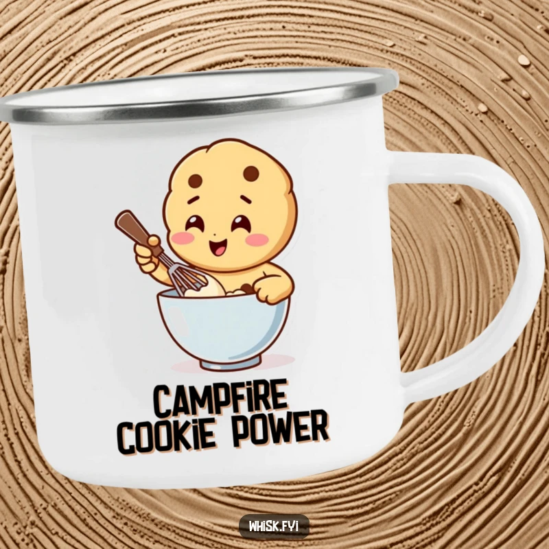 Funny camping mug with a happy cookie character vigorously whisking batter in a bowl, bringing baking humor to outdoor adventures.