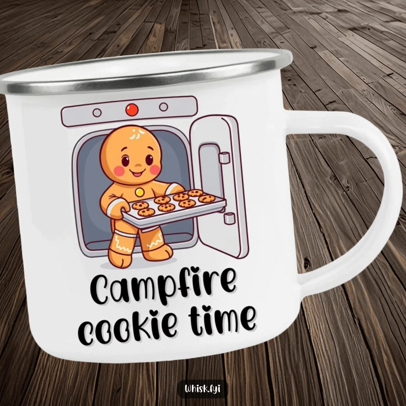 Funny camping mug depicting a playful gingerbread man sliding cookies from an oven, perfect for enjoying hot beverages outdoors.