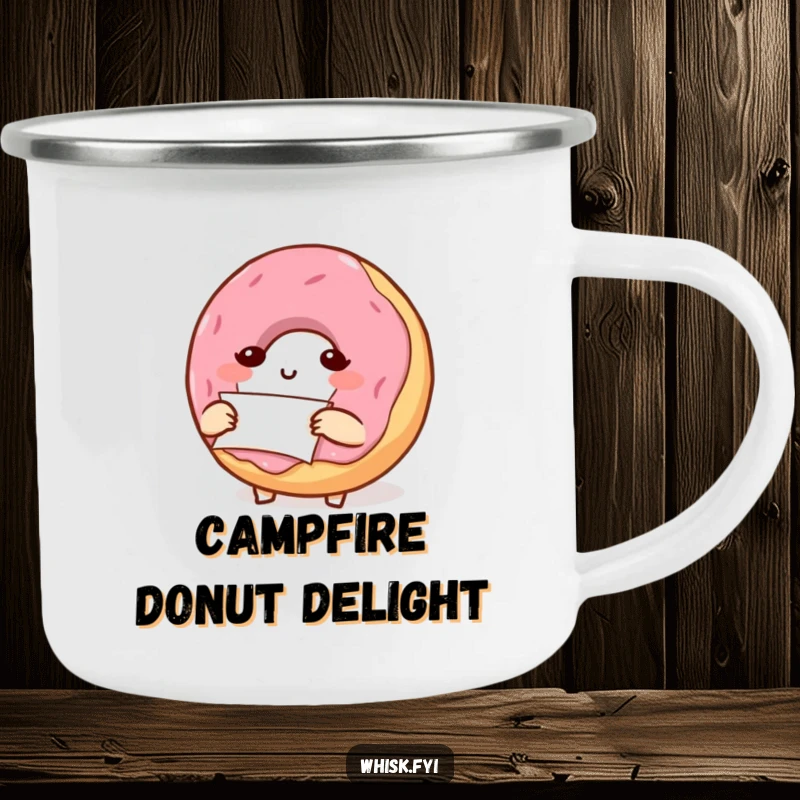 Funny camping mug with a determined, small donut character carefully folding a small piece of parchment paper, ideal for precise campers.