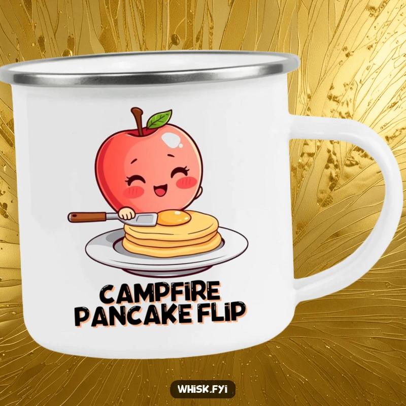 Funny blushing red apple character flipping a pancake with flair on a durable camping mug, great for outdoor breakfast humor.