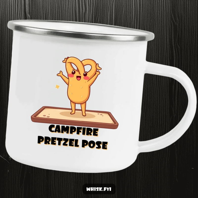 Funny camping mug featuring a cheerful pretzel doing a handstand on a baking sheet, perfect for enjoying beverages outdoors with humor.