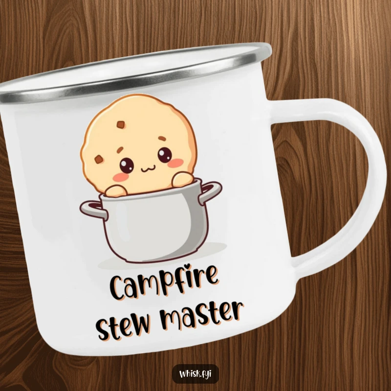 Funny kawaii cookie camping mug showing a curious cookie character stirring a pot, ideal for outdoor cooking.