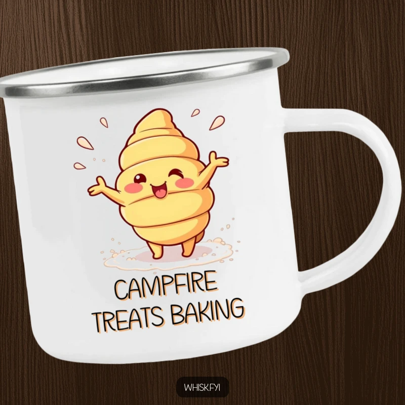 Funny Kawaii croissant character beaming and playfully tossing flour on a durable camping mug, looking festive.