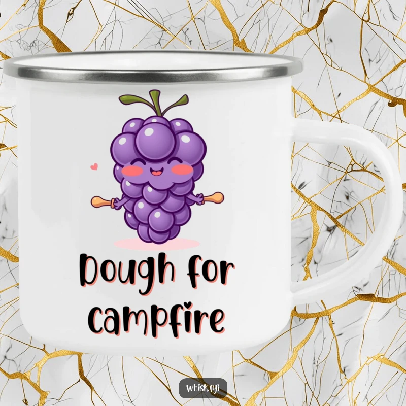 Funny blushing purple grape character with tiny arms joyfully rolling dough with a pin on a camping mug.