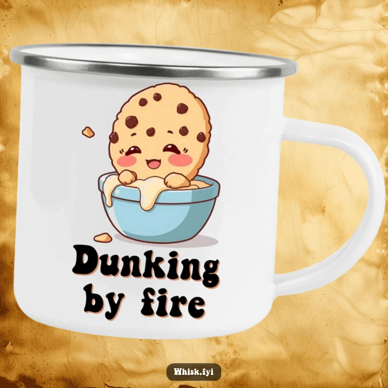 Funny camping mug showing a giggling cookie crumbling slightly while being dunked, perfect for outdoor cookie fun.