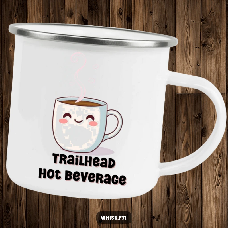 Funny kawaii camping mug with a cheerful coffee mug and steam illustration, perfect for travel and outdoors.
