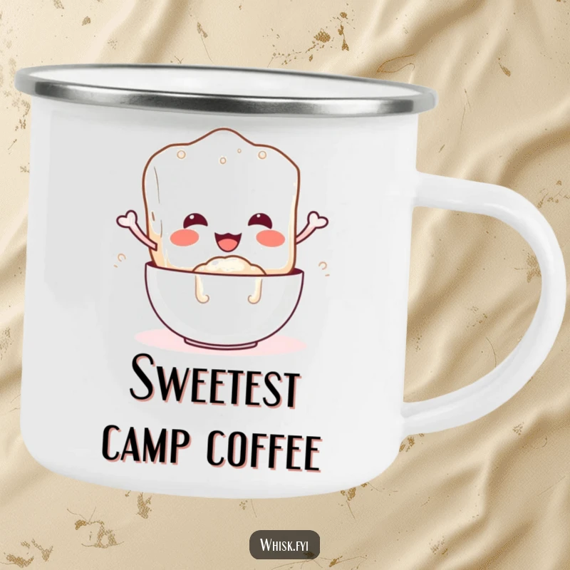 Funny camping mug with a gleeful sugar cube character pouring sugar, perfect for outdoor humor.