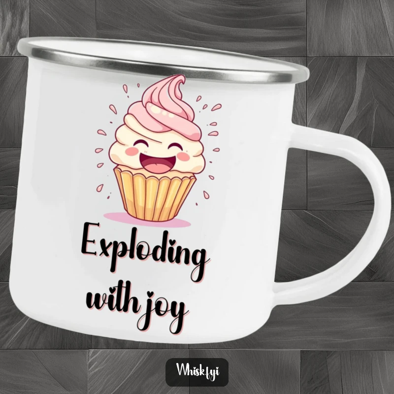 Funny cupcake camping mug shows a laughing cupcake character with frosting exploding, perfect for outdoor use and a dose of humor.