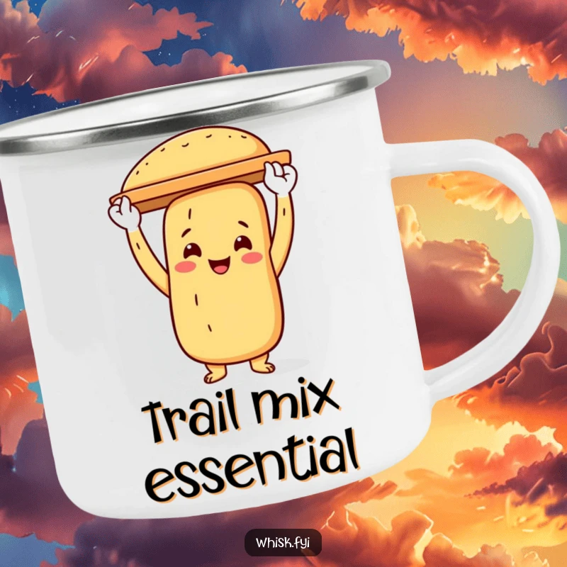 Funny baguette baker camping mug with a proud baguette character holding a baking sheet, ready for outdoor enjoyment.