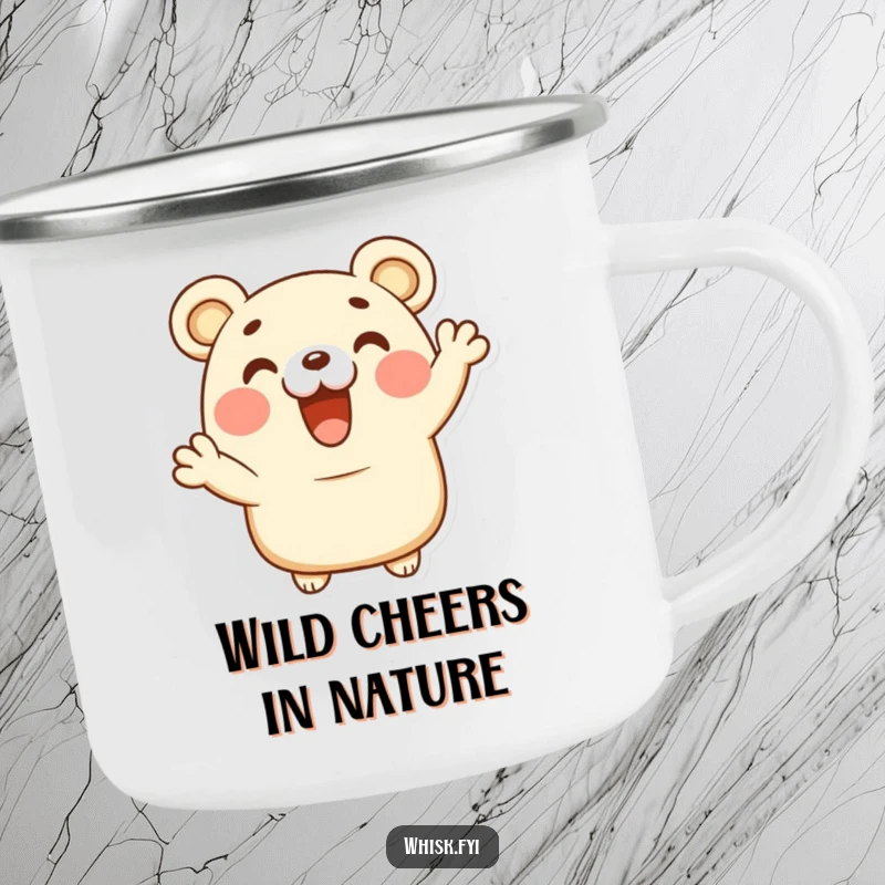 Funny happy bear claw pastry character giving a delighted cheer on a durable camping mug, ready for outdoor fun.