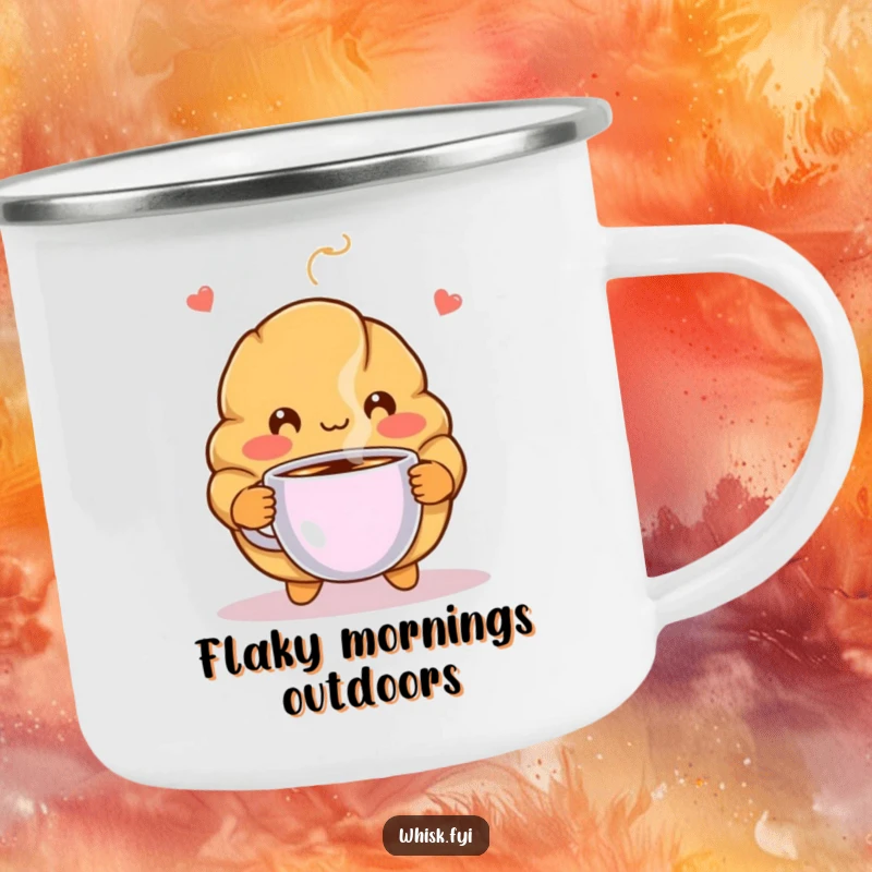 Funny camping mug with a blushing croissant character offering coffee, designed for warm outdoor drinks and humorous company.