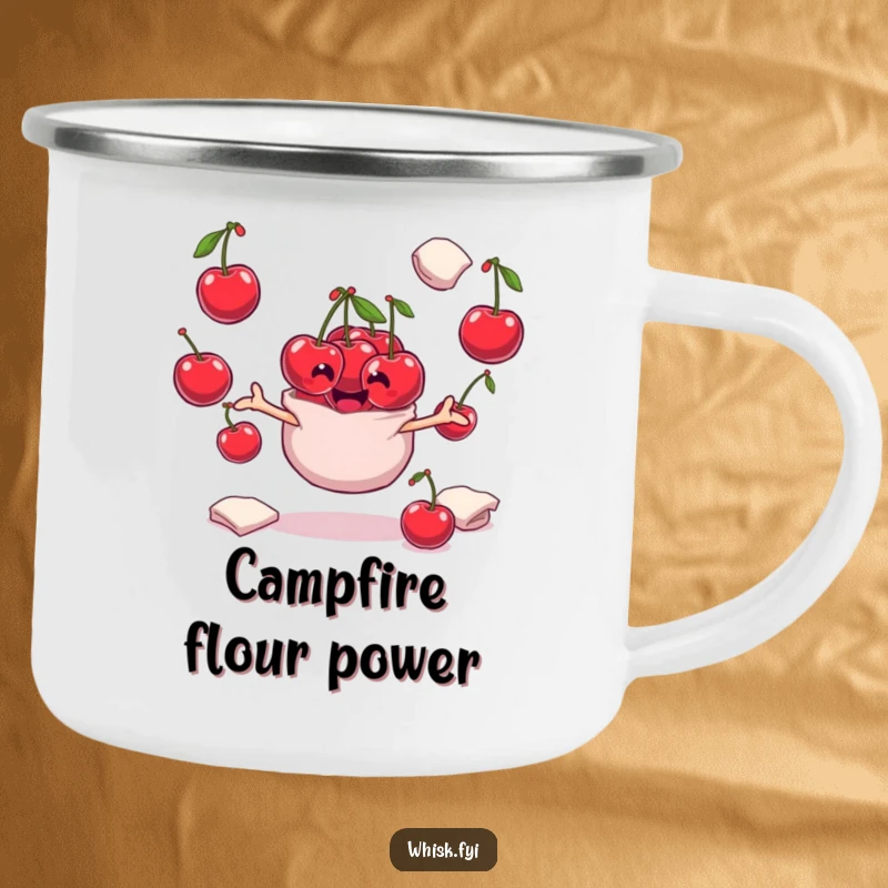 Funny playful bunch of cherries character juggling flour sacks on a durable camping mug, ready for outdoor fun.