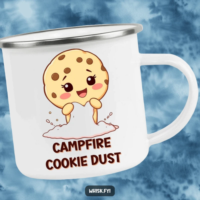 Funny camping mug featuring a giggling cookie character sifting flour, perfect for bakers who love the outdoors.