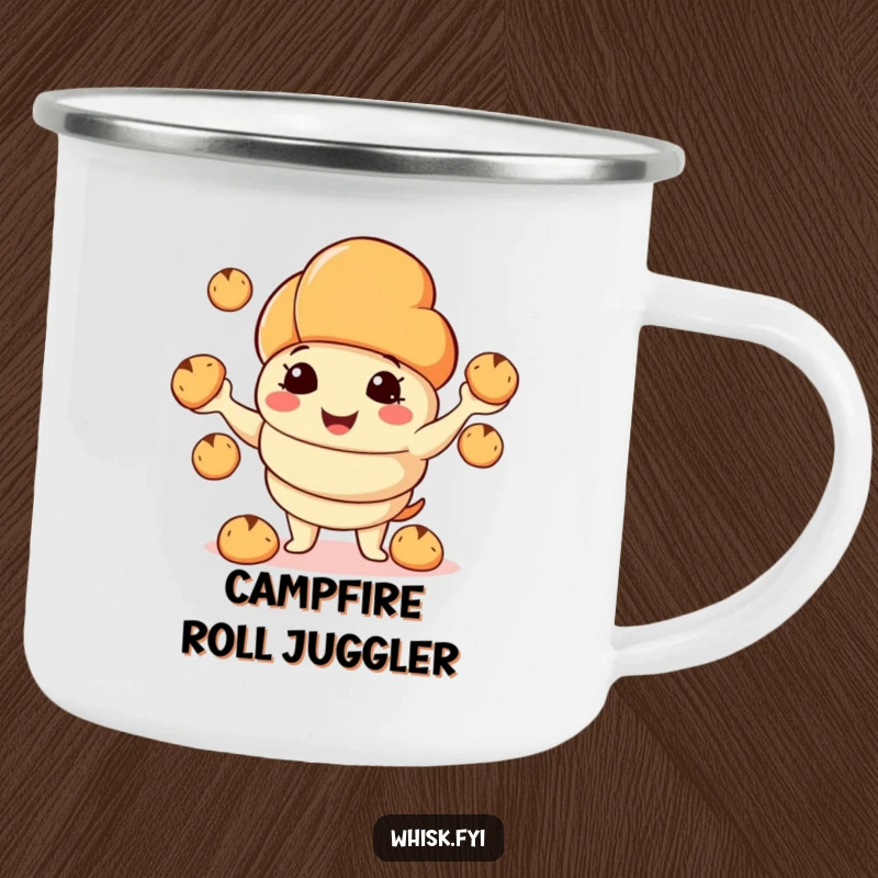 Funny enamel camping mug featuring a smiling croissant character juggling bread rolls, perfect for enjoying a warm drink outdoors.