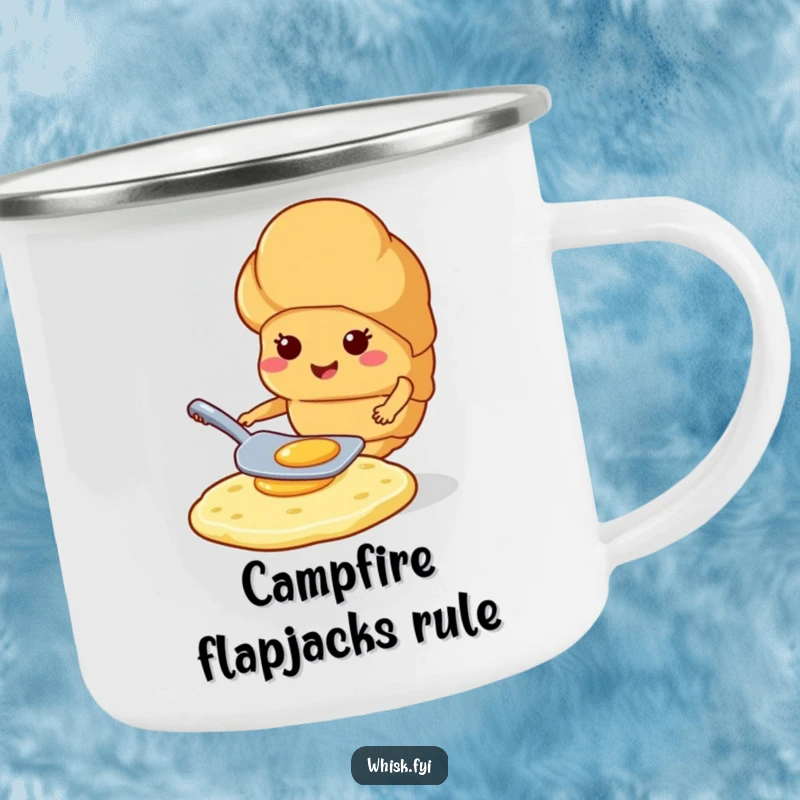 Funny smiling croissant expertly flipping a pancake with a spatula on a durable camping mug.