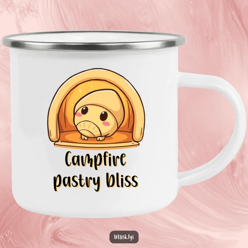 Funny croissant camping mug with a curious croissant character peeking into a warm oven, perfect for outdoor trips.