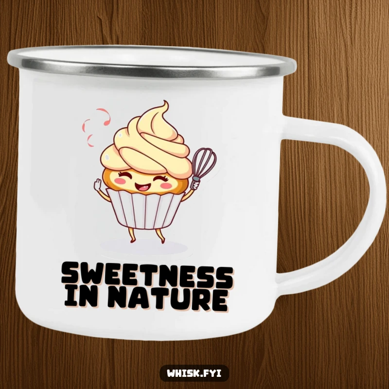 Funny camping mug with a smiling cupcake character playfully twirling a whisk, bringing sweet baking humor to outdoor activities.