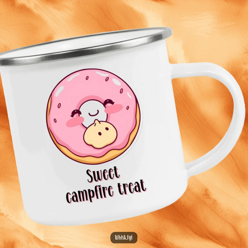 Funny camping mug showing a blushing donut frosting a cookie, perfect for sweet moments outdoors.