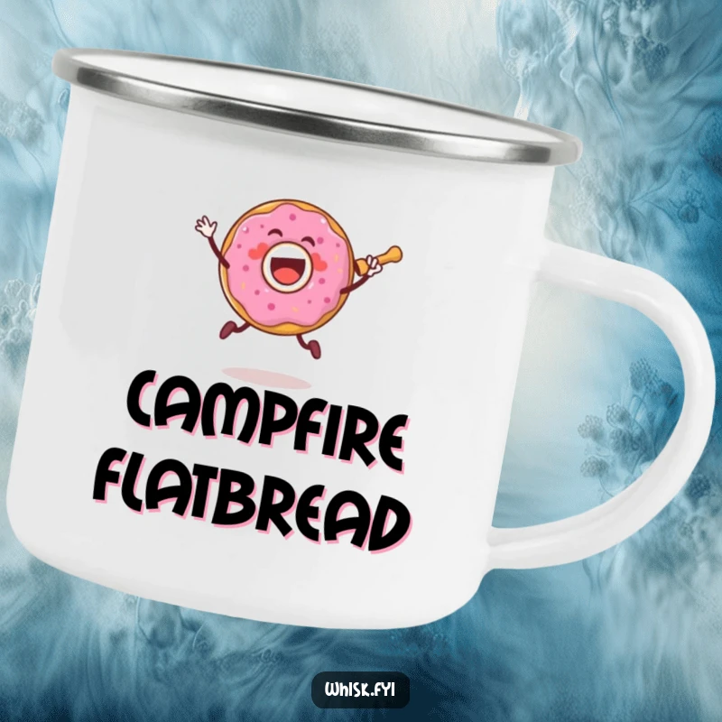 Funny camping mug featuring a joyful donut character jumping with a rolling pin, perfect for bakers who love the outdoors.