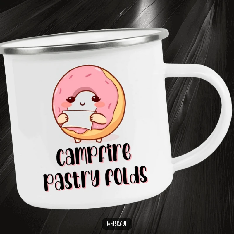 Funny donut character meticulously folding parchment paper, showcased on a durable camping mug for outdoor baking enthusiasts.