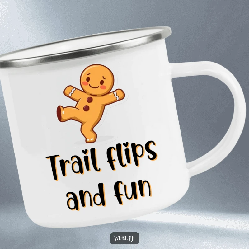 Funny cheerful gingerbread man character doing a cartwheel on a sturdy camping mug, ready for outdoor activities.