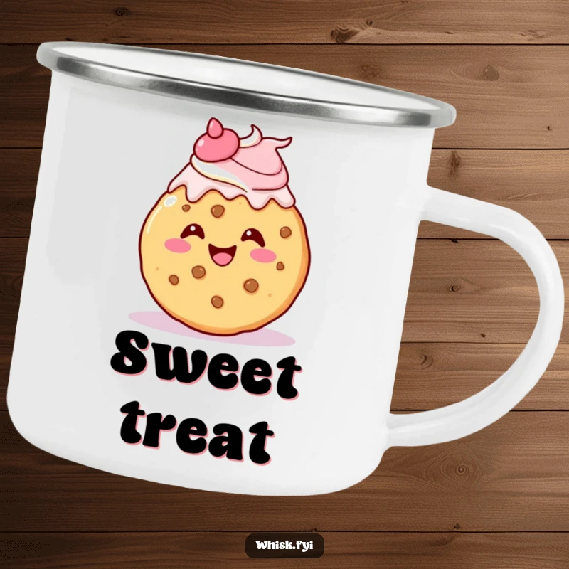 Funny kawaii cookie camping mug, gleefully icing itself with a cheerful flourish, outdoorsy and sweet.