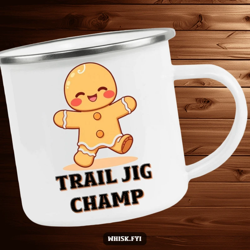 Funny Kawaii gingerbread camping mug, showing a giggling gingerbread man doing a happy jig, perfect for outdoor enjoyment.