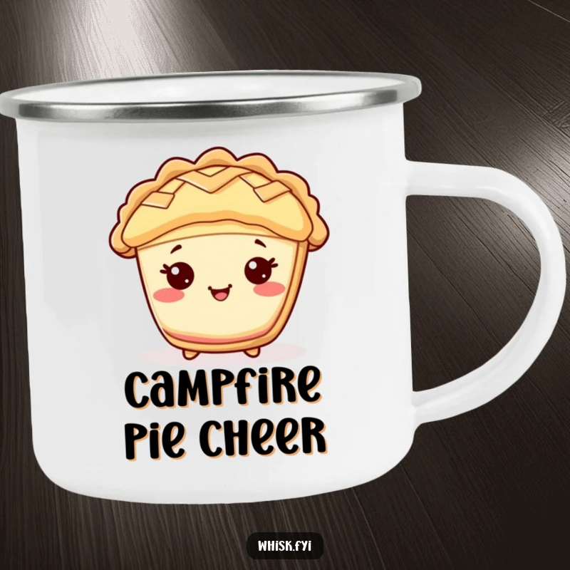 Funny Kawaii pie camping mug, showing a cheerful pie character with a lattice top, perfect for outdoor enjoyment.