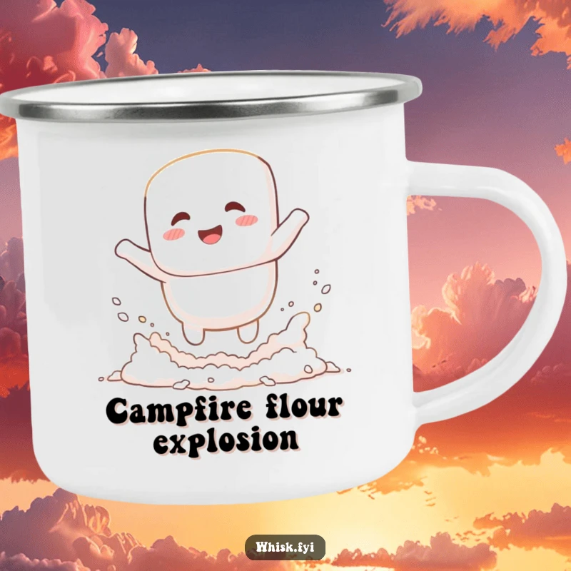 Funny giggling white marshmallow jumping into a cloud of flour on a durable camping mug, great for outdoor baking humor.