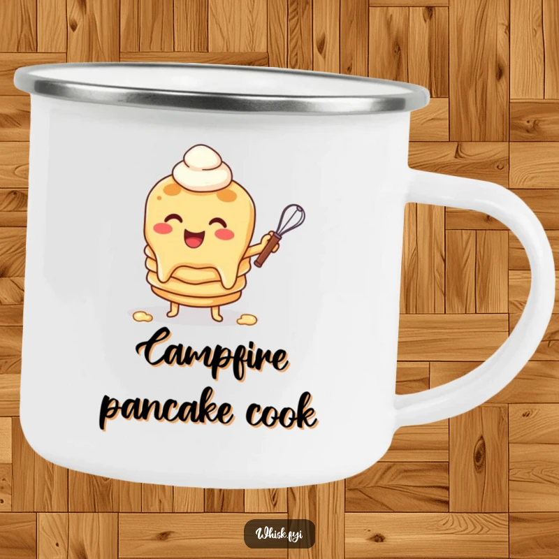 Funny camping mug with a cheerful pancake character flipping batter with a whisk, bringing breakfast humor to outdoor adventures.