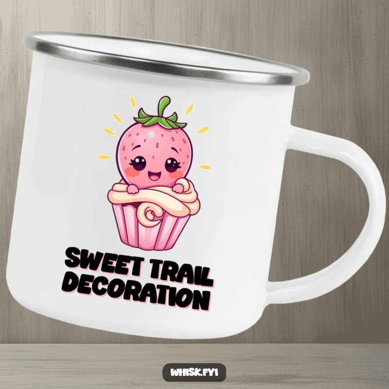 Funny strawberry character proudly decorating a cupcake on a durable camping mug, ideal for outdoor baking humor.