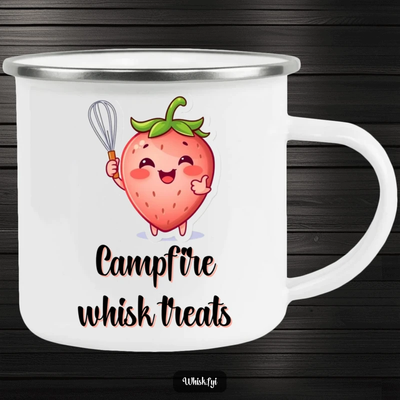 Funny strawberry camping mug with a happy strawberry character playfully holding a whisk, perfect for outdoor enthusiasts.