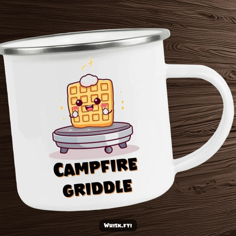 Funny camping mug showing a determined waffle bravely facing a hot griddle, perfect for morning adventures.