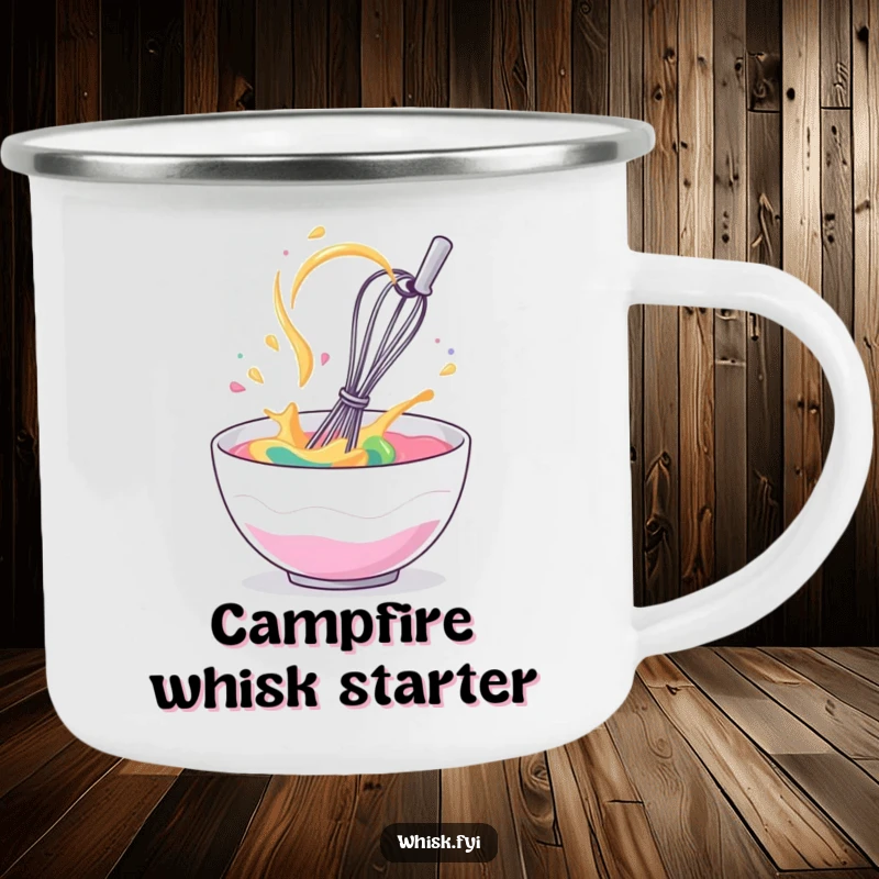 Funny camping mug featuring a giggling whisk spinning in batter, ideal for outdoor baking enthusiasts.