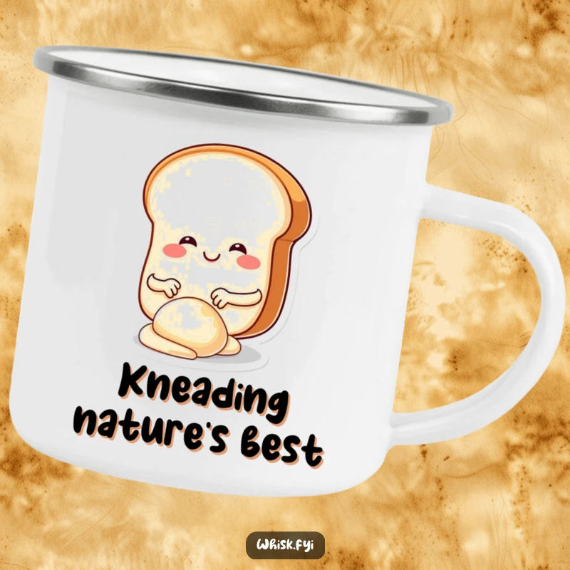 Funny camping mug featuring a smiling, round bread slice character joyfully kneading dough with tiny hands, perfect for outdoor adventures.