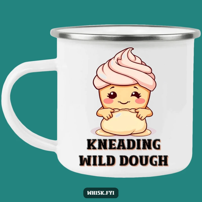 Funny Cupcake Baker Camping Mug: Smiling Pastry Chef Kneading Dough Enamel Cup