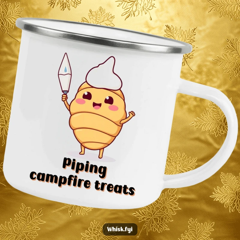 Funny enamel camping mug with a happy croissant proudly holding a piping bag, perfect for camping.
