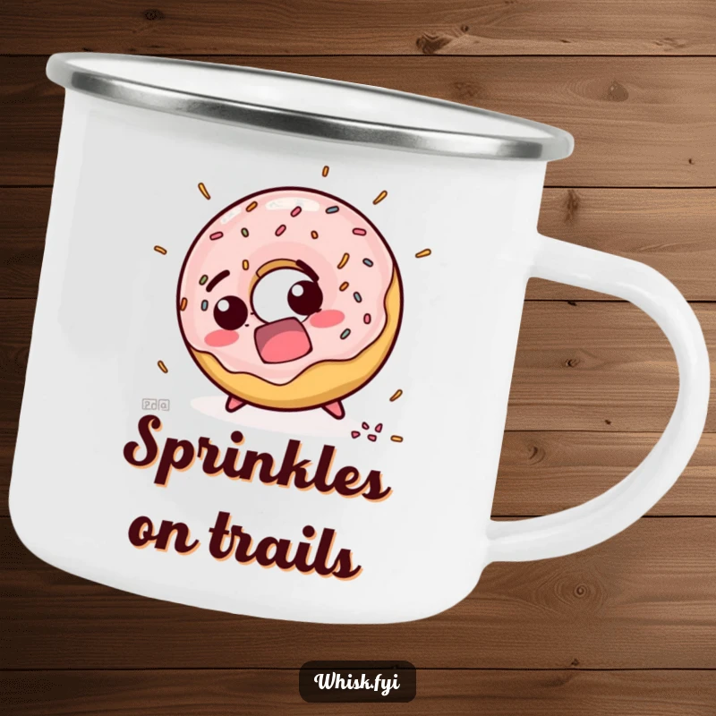 Funny camping mug showing a startled doughnut character tripping with sprinkles flying, perfect for outdoor use and comedic enjoyment.