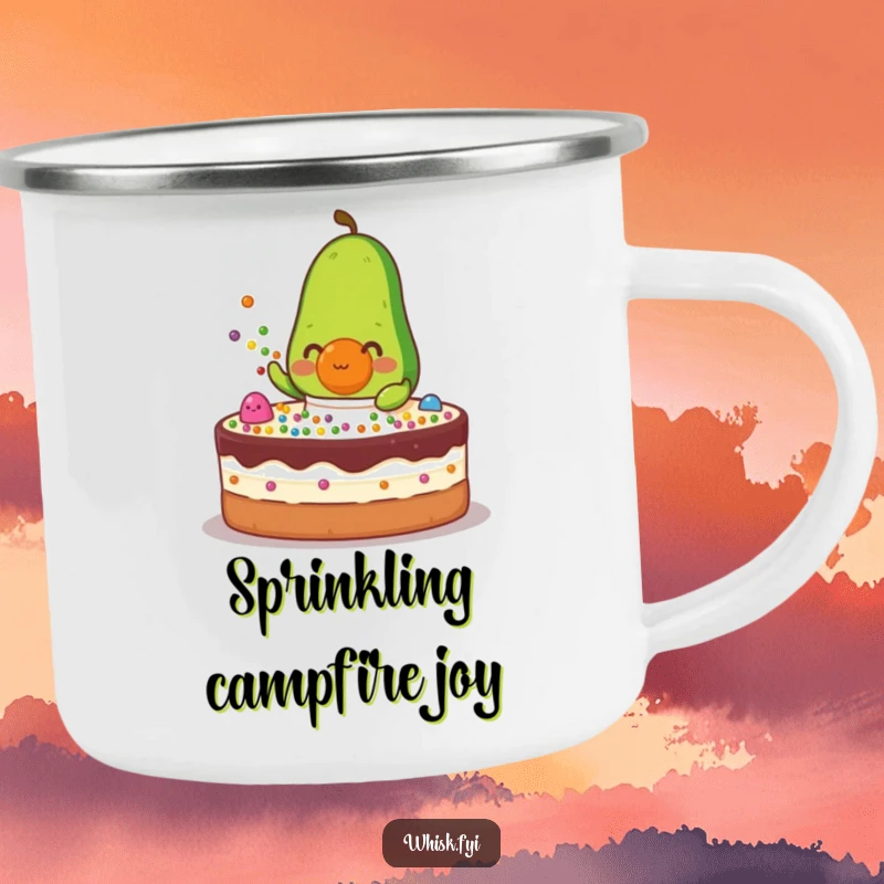 Funny green avocado character in an apron sprinkling colorful dots onto a cake on a camping mug.