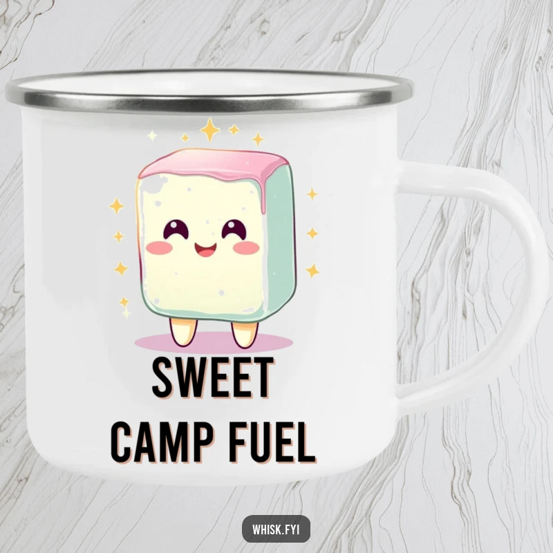 Funny camping mug depicting a radiant, smiling sugar cube character sparkling brightly, perfect for enjoying hot beverages outdoors.