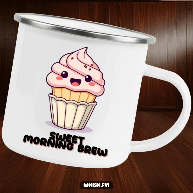 Funny kawaii cupcake camping mug, excitedly popping out of its paper cup, durable and hilarious outdoor drinkware, perfect funny gift.