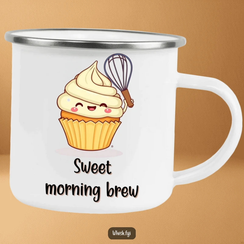 Funny cheerful cupcake joyfully swirling batter with a whisk on a durable camping mug.