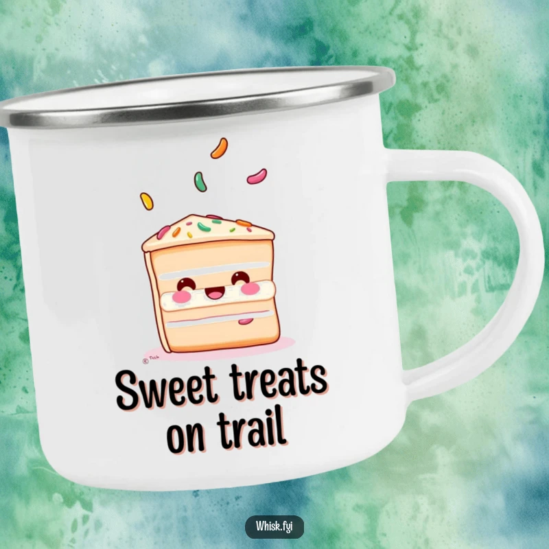 Funny cake camping mug featuring a playful slice of cake juggling sprinkles, perfect for sweet outdoor moments.